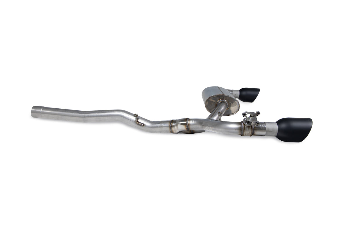Scorpion BMW M135i xDrive GPF-Back Exhaust System with electronic valve, showcasing the stainless steel exhaust with dual tips.