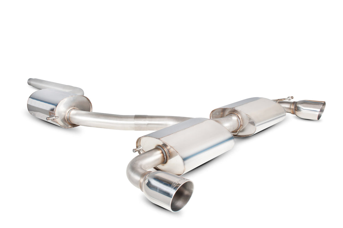 Scorpion Volkswagen Scirocco R resonated cat-back exhaust system installed on a car showing dual exhaust tips and polished stainless steel finish.