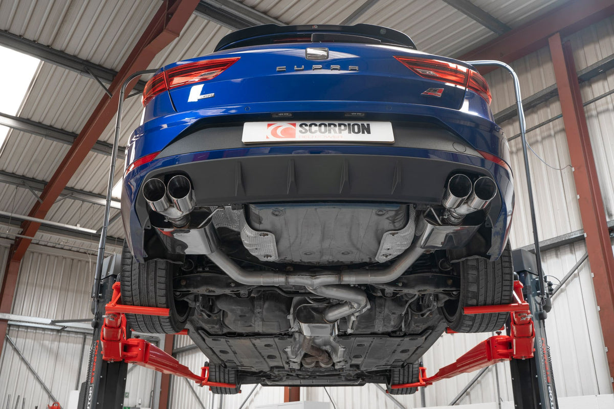 Scorpion Exhausts GPF-Back Exhaust System for Seat Leon Cupra ST 300 4Drive, showing polished metal pipes and resonated design.