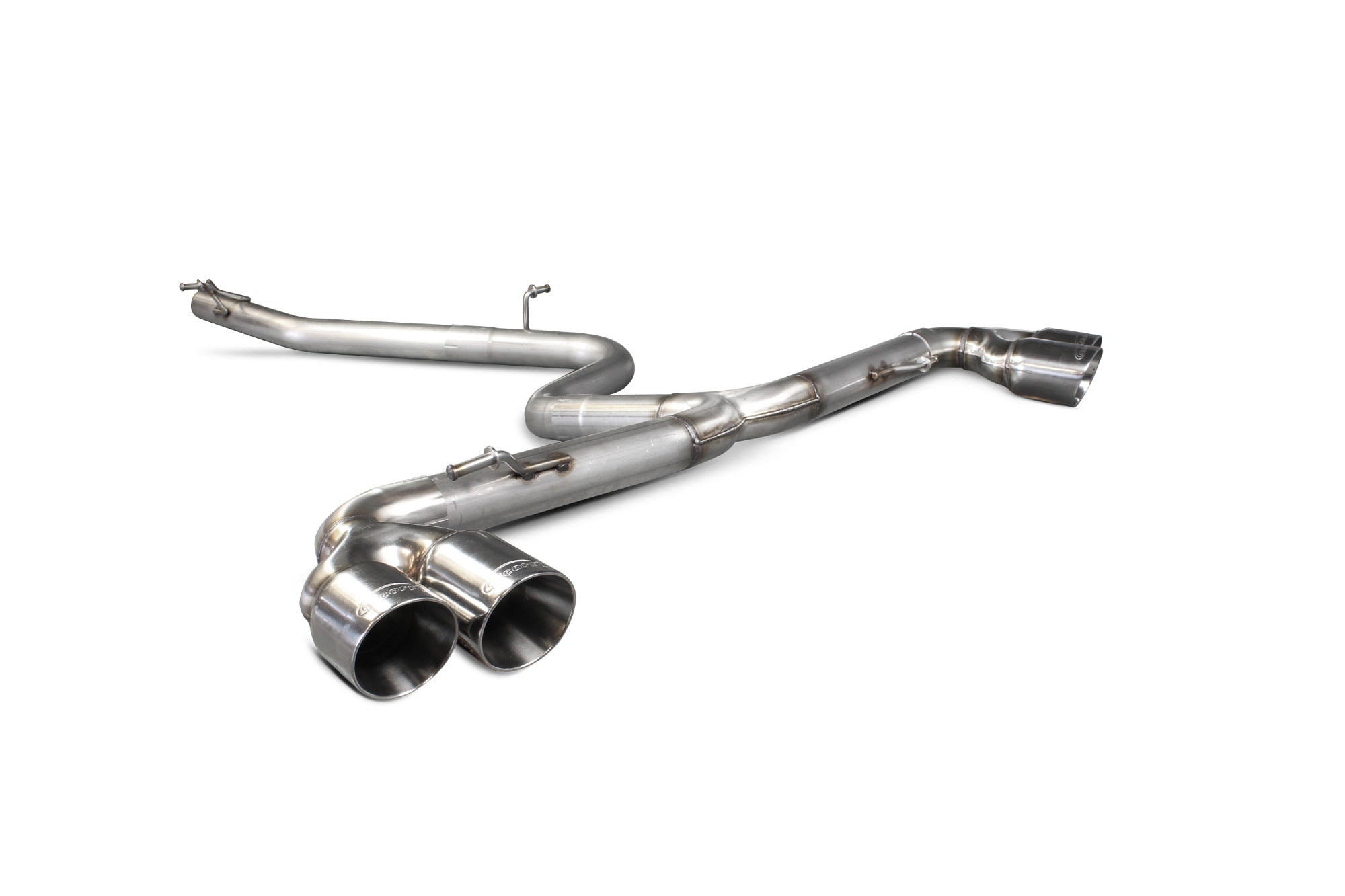 Scorpion Audi TT Mk2 2.0 TDI Quattro cat-back exhaust system in polished stainless steel, with visible muffler and piping details.