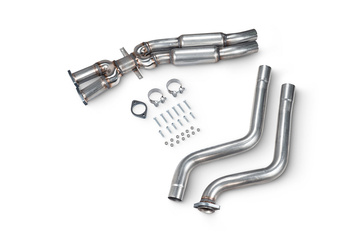 Scorpion BMW M3 E46 centre replacement exhaust section showing polished metal pipe and connection points.