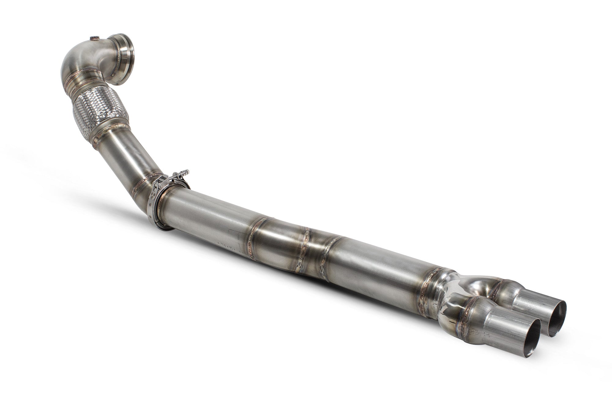 Scorpion Audi TT MK2 TTRS RS3 8P de-cat downpipe with polished metal finish and exhaust flange, automotive performance part.