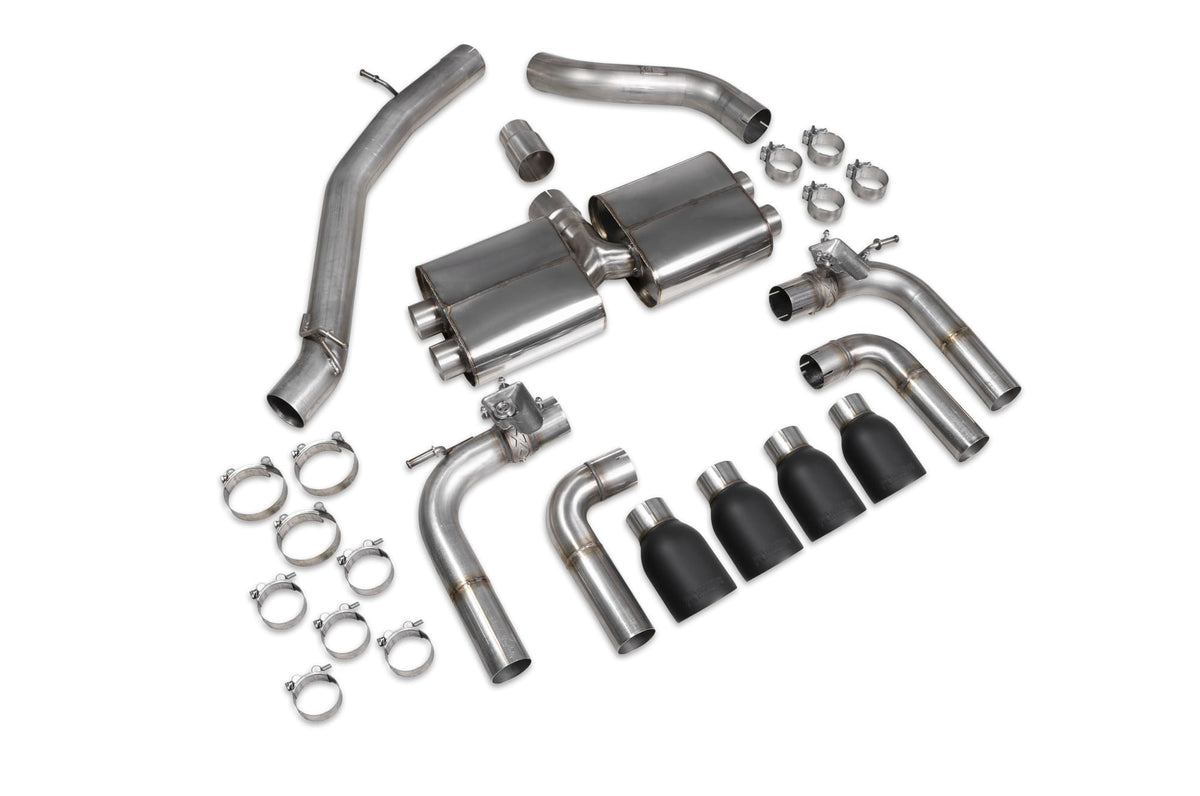 Scorpion Audi S3 8V saloon GPF-back exhaust system with valves, non-resonated cat-back system showing polished pipes and muffler