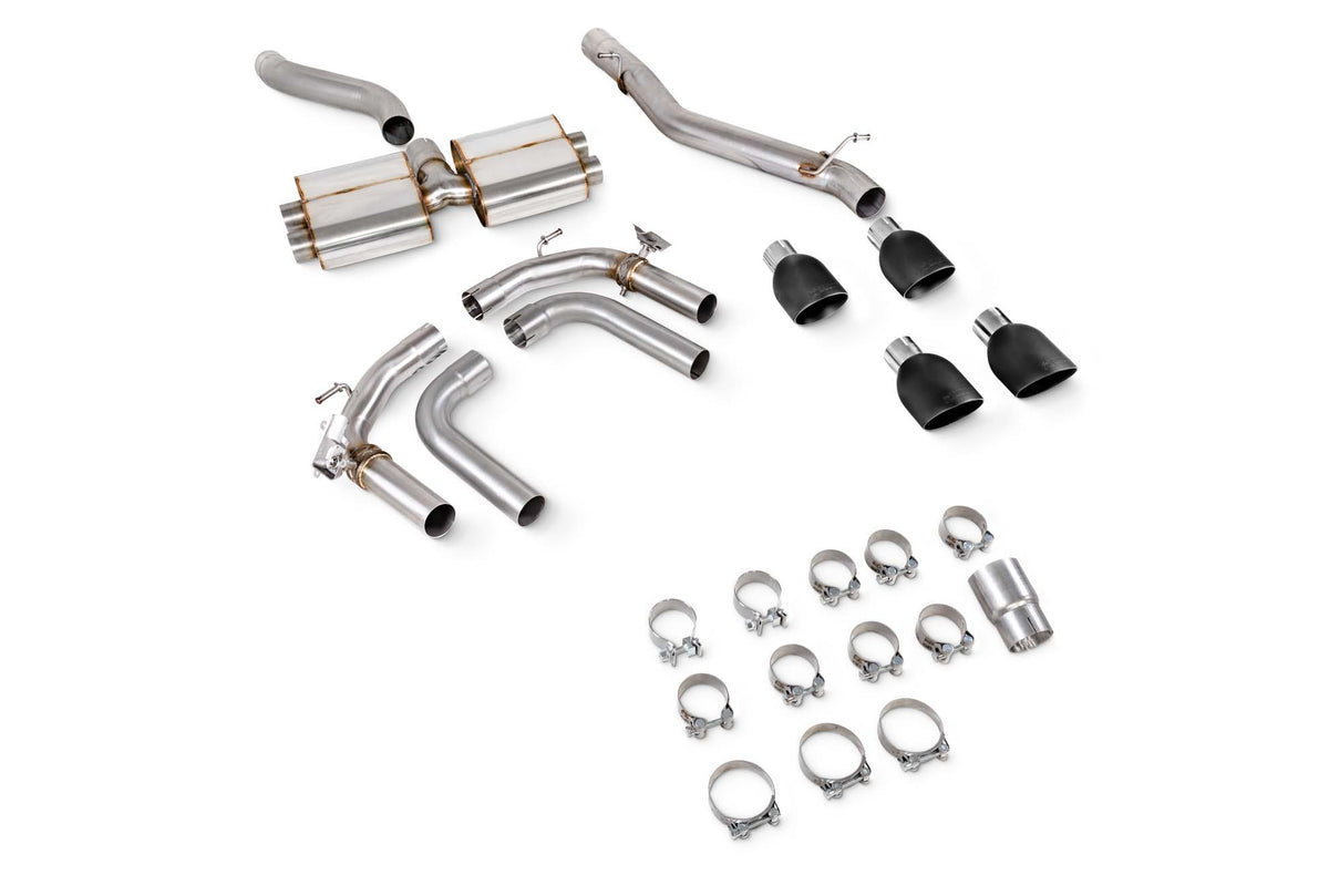 Scorpion Audi S3 8Y Sportback GPF-Back Exhaust System with electronic valves and non-resonated cat back design, shown on vehicle.