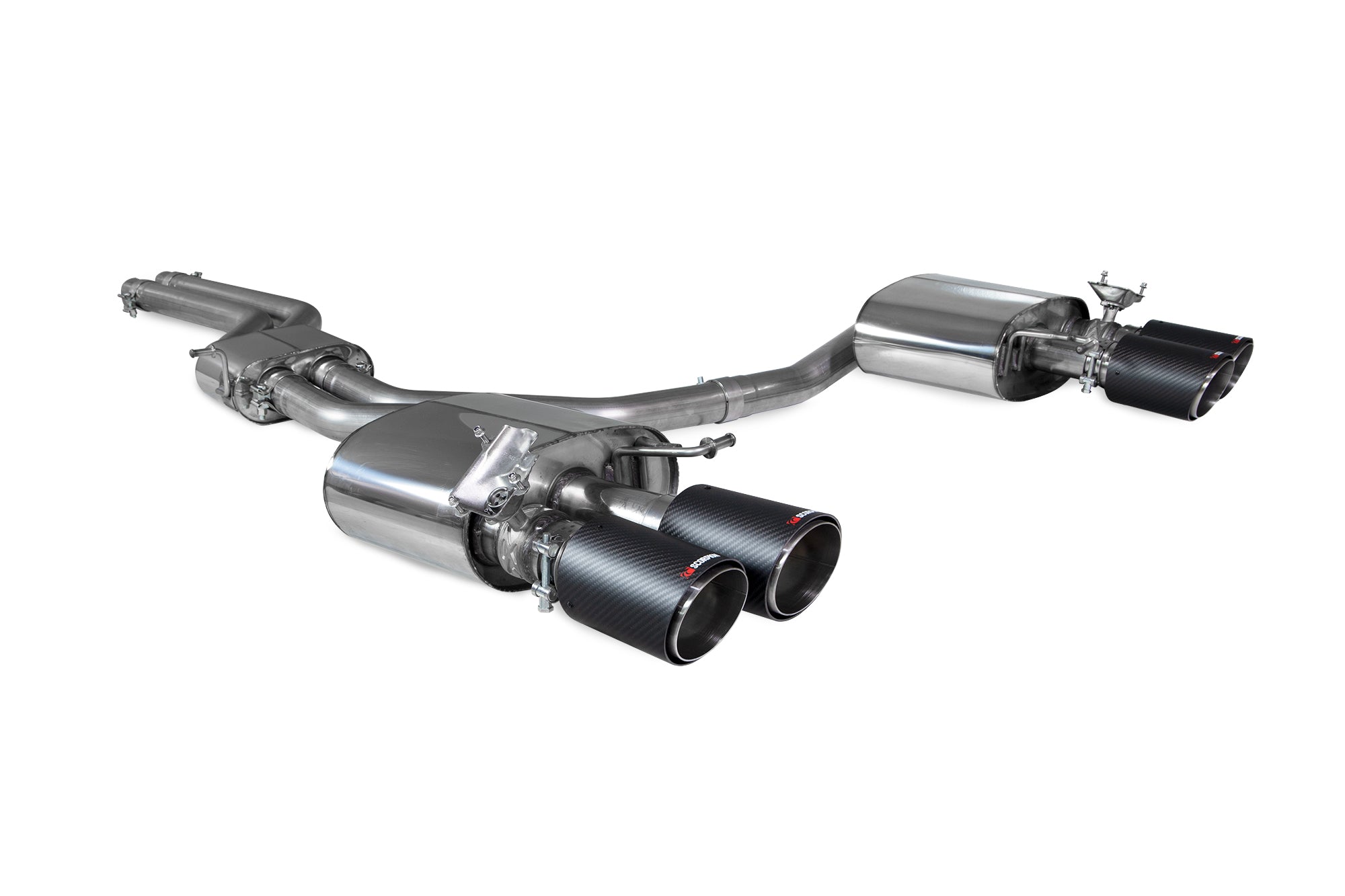Scorpion Audi S4 B9 quattro 3.0T V6 Avant exhaust system, resonated half system with polished tips, installed on vehicle.