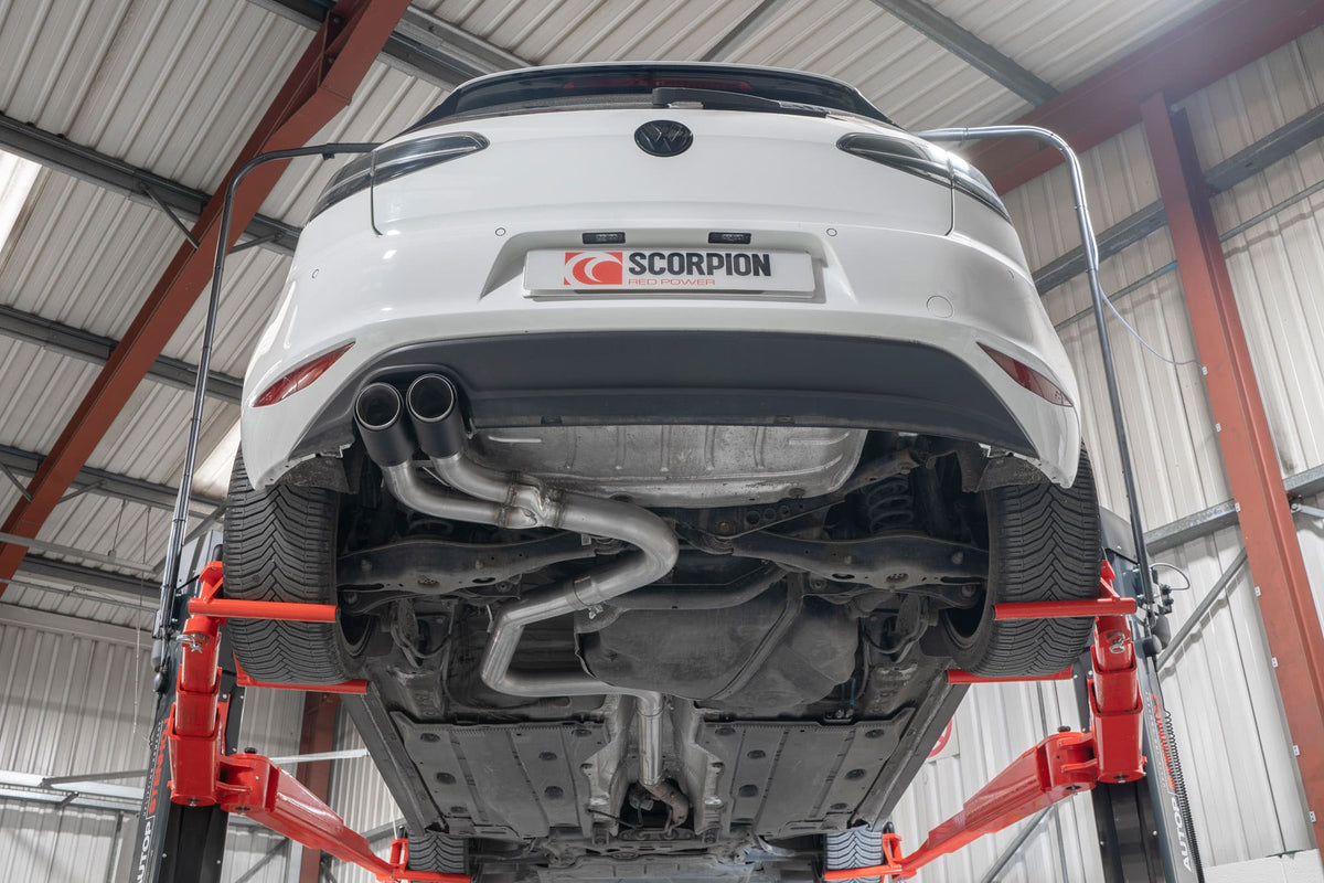 Scorpion Volkswagen Golf MK7 GTD cat-back exhaust system with polished stainless steel pipes and dual exit tips.