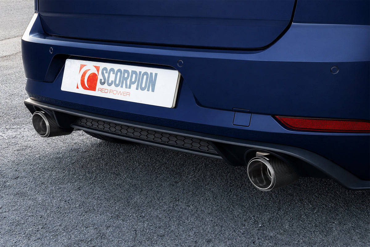Scorpion Volkswagen Golf Mk7.5 1.5 TSI resonated cat-back exhaust system with polished metal pipes and dual exhaust tips.