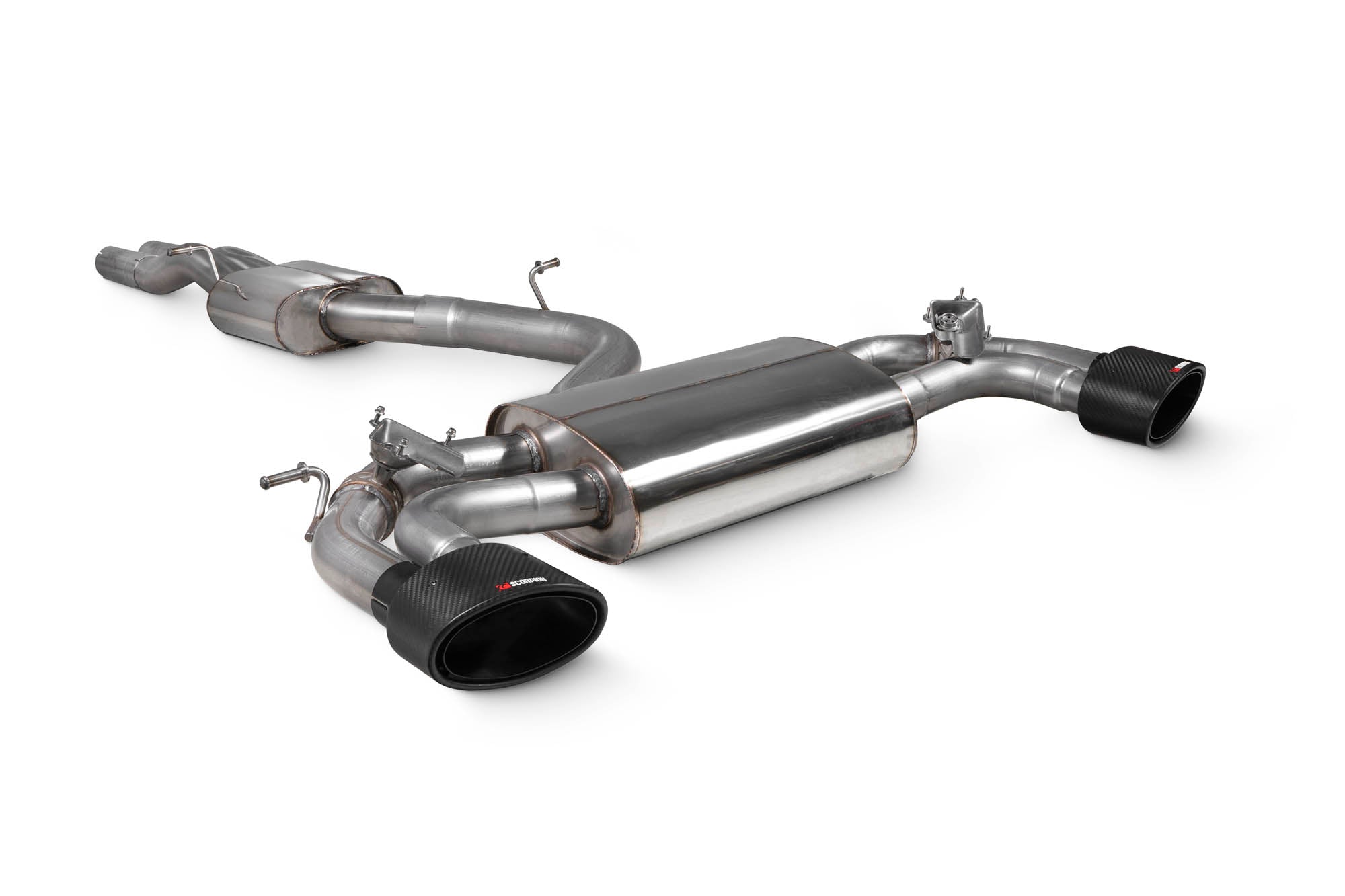 Scorpion Audi RS3 8V pre-facelift resonated cat-back exhaust system with valves, showcasing polished stainless steel pipes and muffler.
