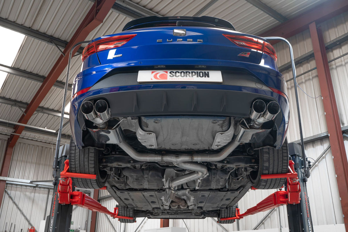 Scorpion Exhausts GPF-Back Exhaust System for Seat Leon Cupra ST 300 4Drive, showing the stainless steel pipes and muffler design.