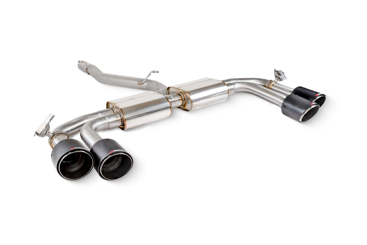 Scorpion Audi S3 8Y Sportback GPF-Back Exhaust System with electronic valves, showing polished exhaust tips and dual pipes.