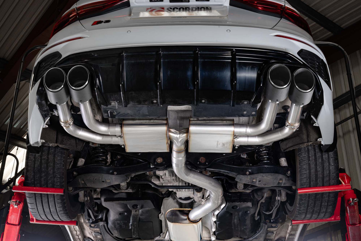 Scorpion Audi S3 8Y saloon GPF-back exhaust system with resonated pipes and electronic valves, showcasing polished metal finish and exhaust tips.