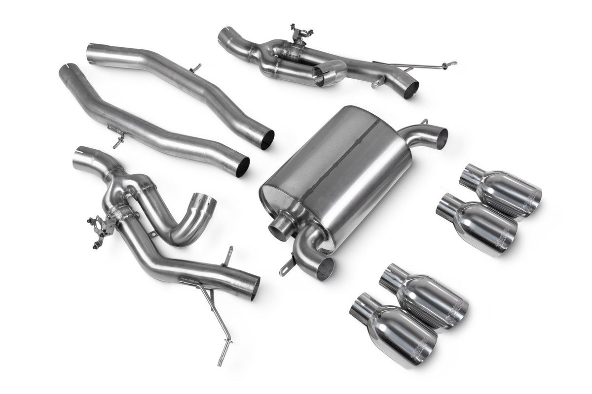 Scorpion BMW M3 G81 Touring half exhaust system with polished stainless steel pipes and dual exhaust tips.