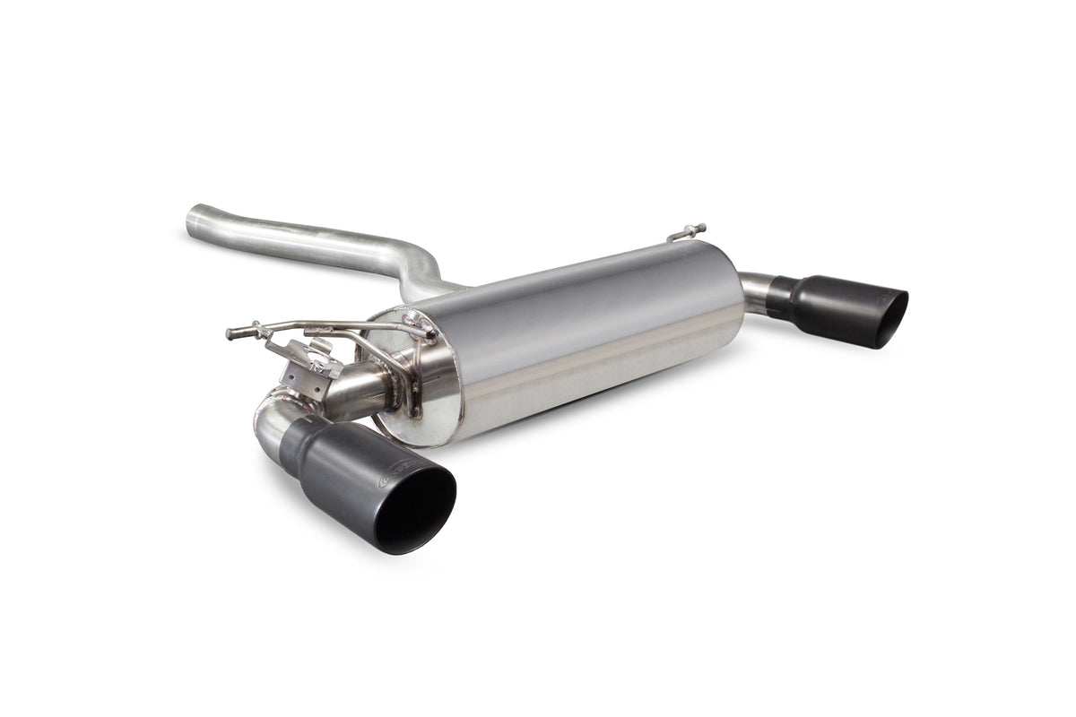 Scorpion BMW M240i GPF-Back Exhaust System with electronic valve, showcasing the polished metal exhaust pipes and design details.