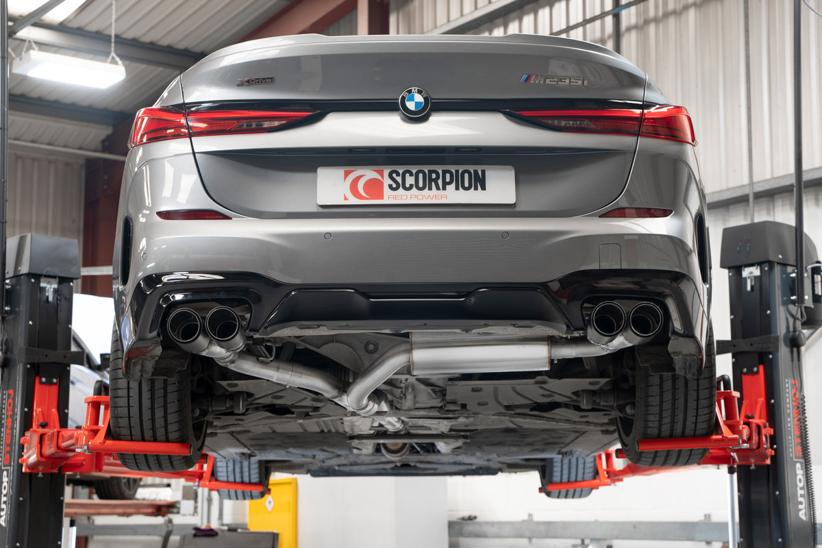 Scorpion BMW M235i Gran Coupe xDrive GPF-Back Exhaust System with electronic valve, showcasing polished metal pipes and exhaust tips.
