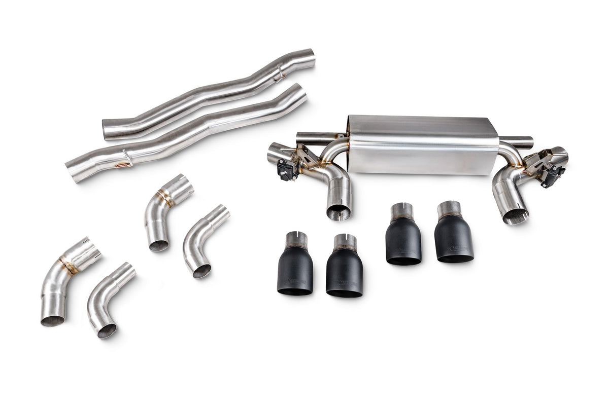 Scorpion BMW M5 G90/G99 GPF-Back Exhaust System with electronic valves, showcasing polished exhaust tips and dual pipes.