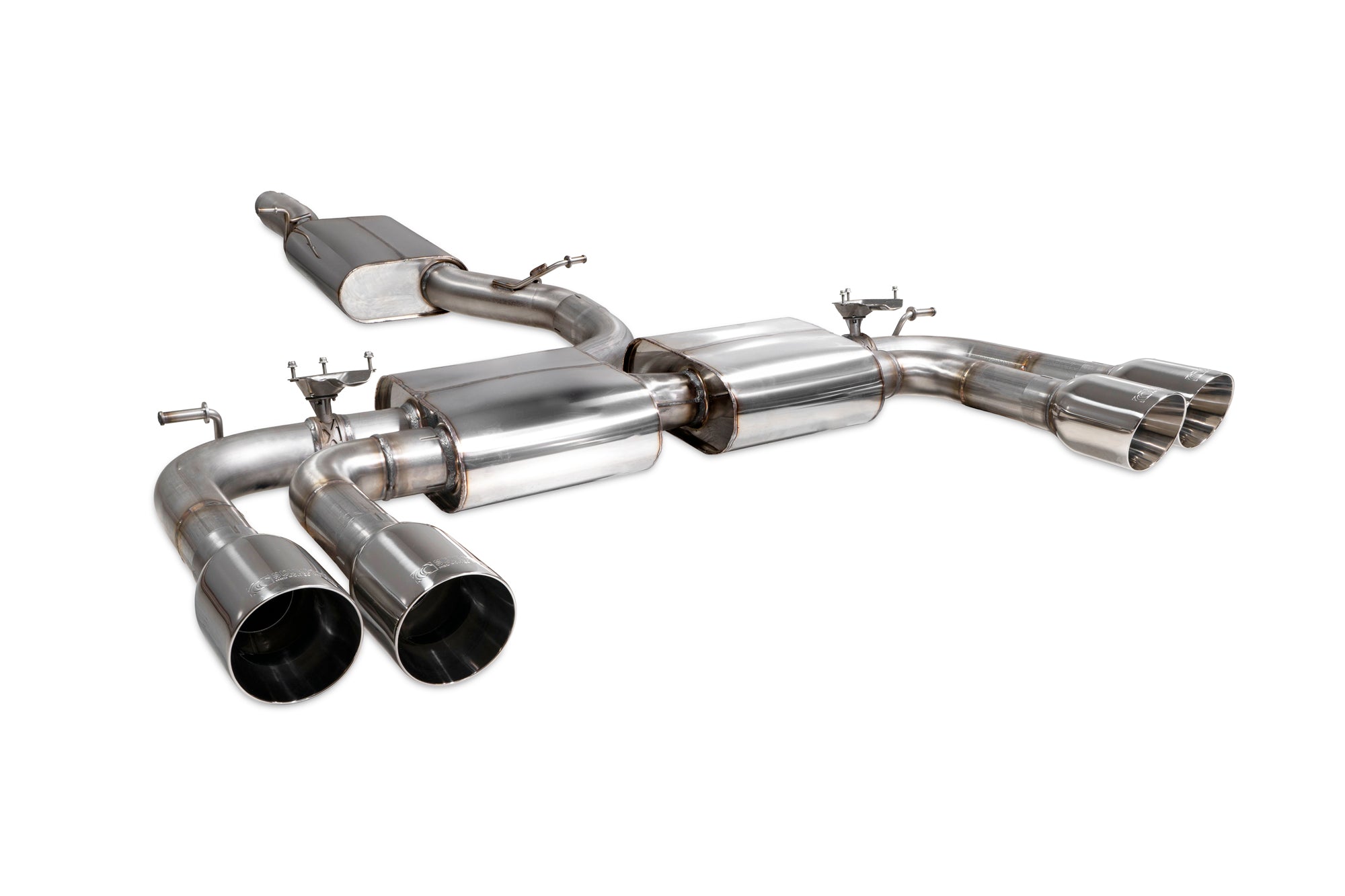 Scorpion Audi S3 8V saloon resonated GPF-back exhaust system with valves, showcasing polished metal pipes and dual exhaust tips.