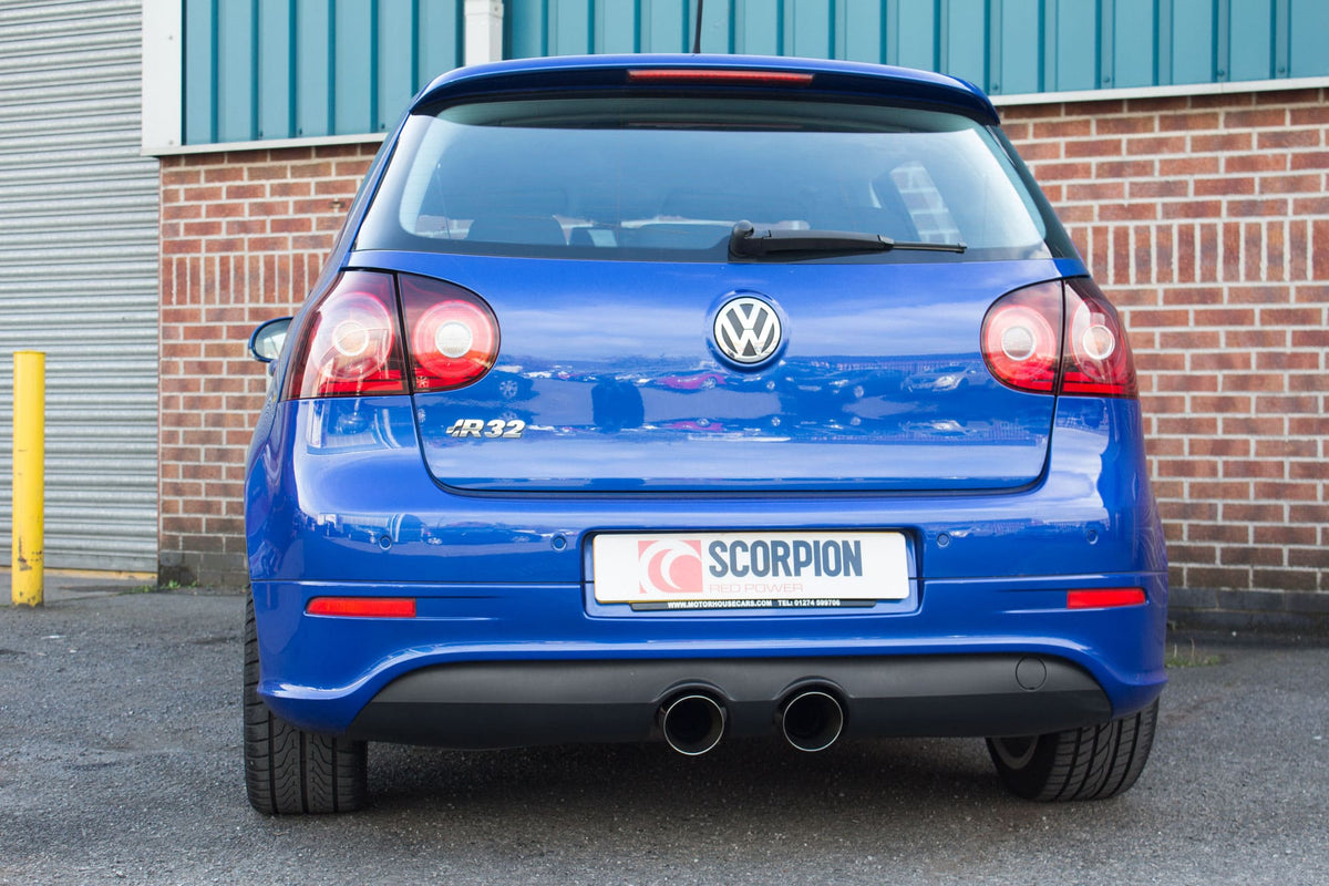 Scorpion Volkswagen Golf MK5 R32 resonated cat-back exhaust system with polished stainless steel tips and dual exhaust pipes.