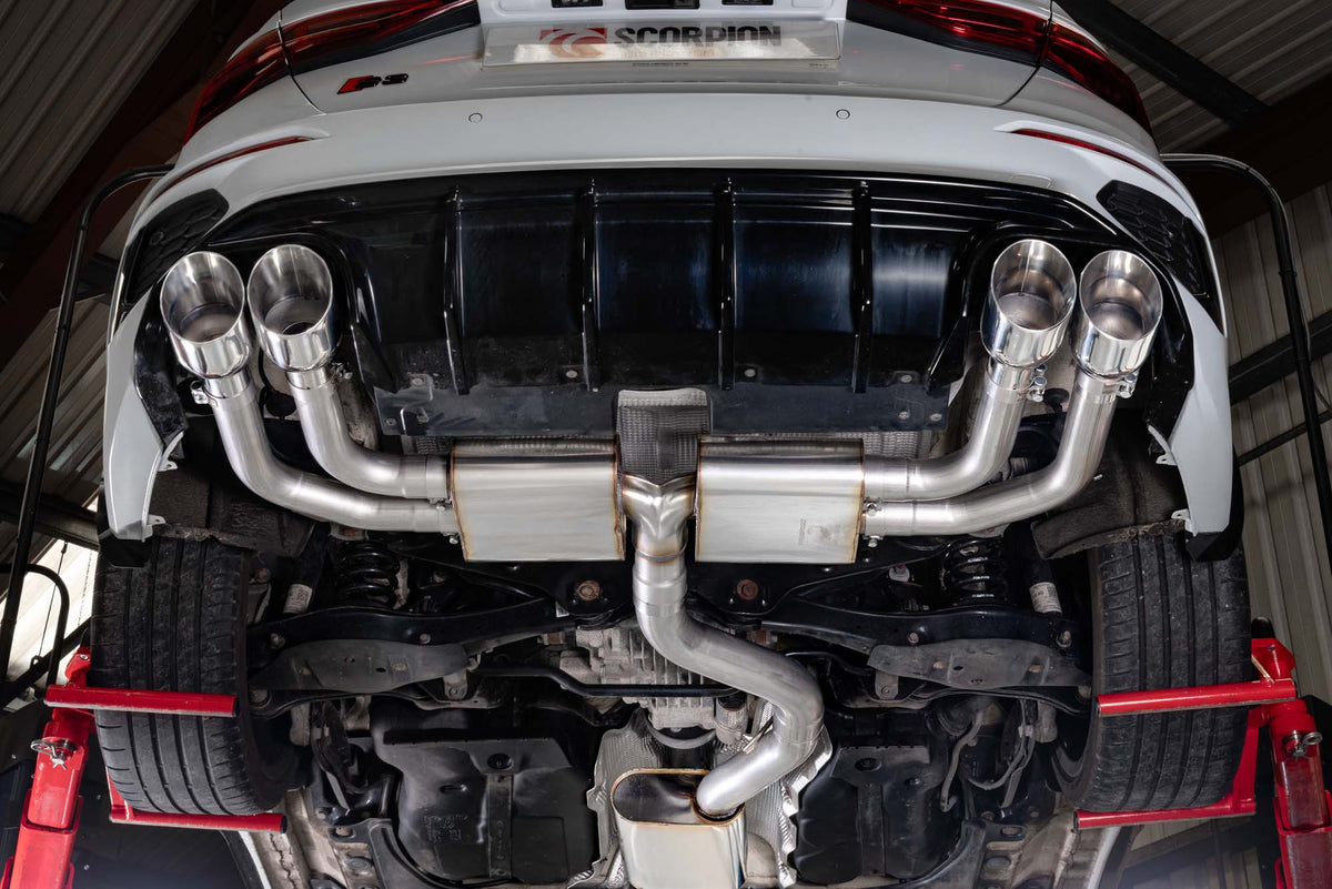 Scorpion Audi S3 8Y saloon GPF-back exhaust system with resonated cat-back design, featuring polished stainless steel pipes and mufflers.
