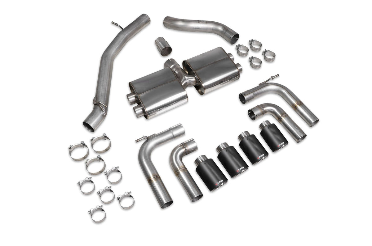 Scorpion Audi S3 8V saloon GPF-back exhaust system without valves, showcasing the stainless steel pipes and muffler design.