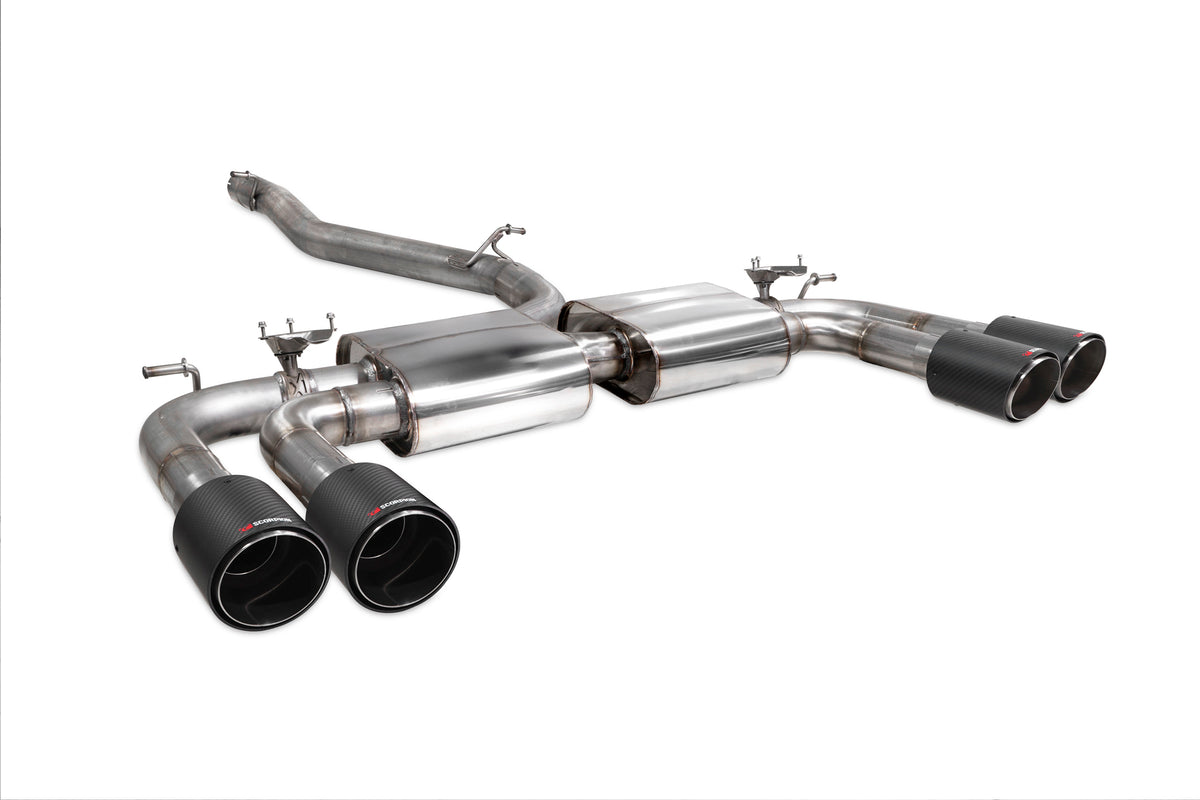 Scorpion Audi S3 8V saloon GPF-back exhaust system with valves, non-resonated cat back system, showcasing polished metal pipes and valves.
