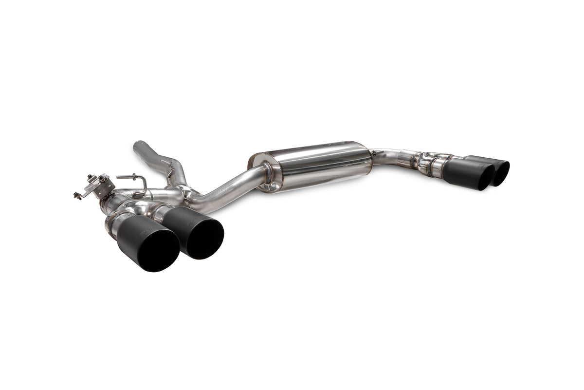 Scorpion BMW M235i Gran Coupe xDrive GPF-Back Exhaust System with electronic valve, showing polished stainless steel pipes and muffler