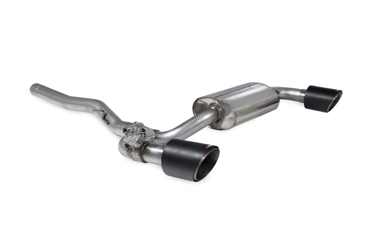 Scorpion BMW M135i xDrive GPF-Back Exhaust System with electronic valve, showcasing polished metal exhaust pipes and components.
