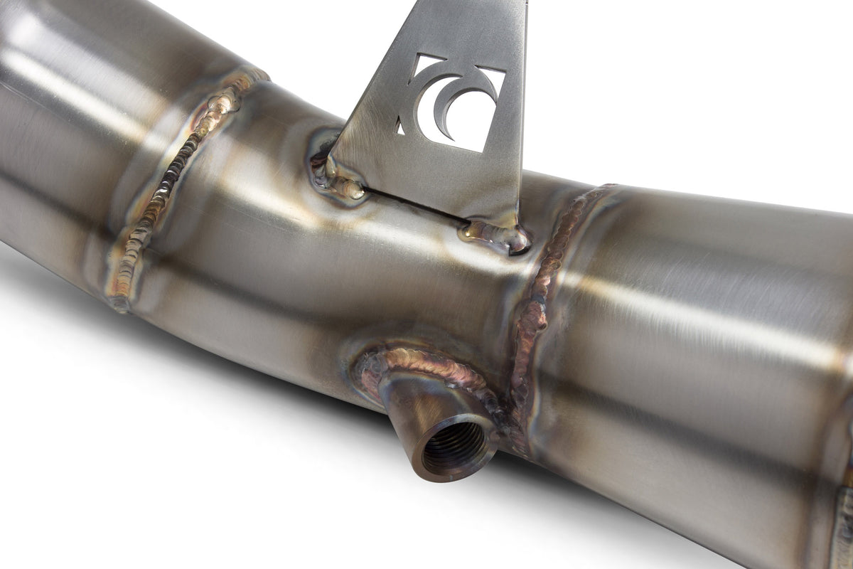 Scorpion BMW M2 F87 non-GPF de-cat downpipe, stainless steel exhaust component, with polished finish and mounting flanges.