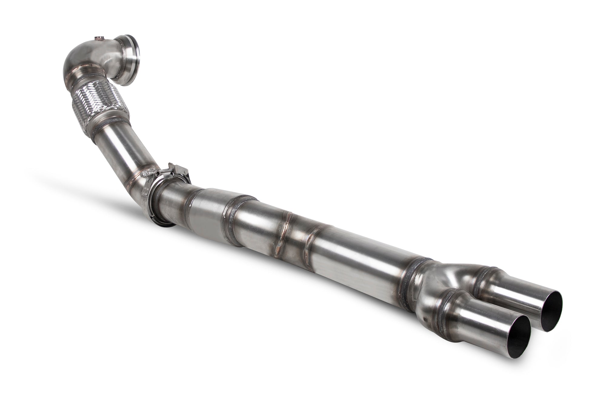 Scorpion Audi TT MK2 TTRS RS3 8P sports cat downpipe with high flow sports catalyst, showing polished metal and connection flanges.