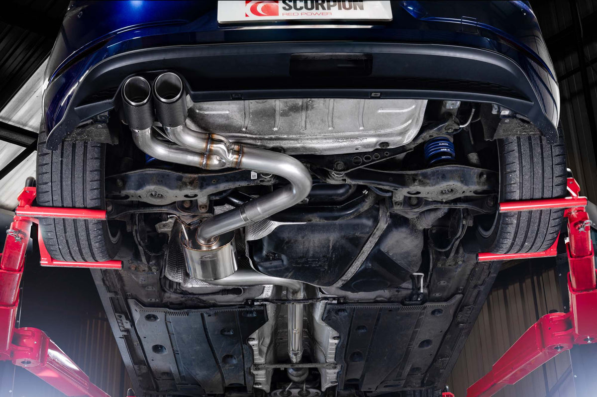 Scorpion Volkswagen Golf Mk7.5 1.5 TSI non-resonated cat-back exhaust system installed, showing polished stainless steel pipes and muffler