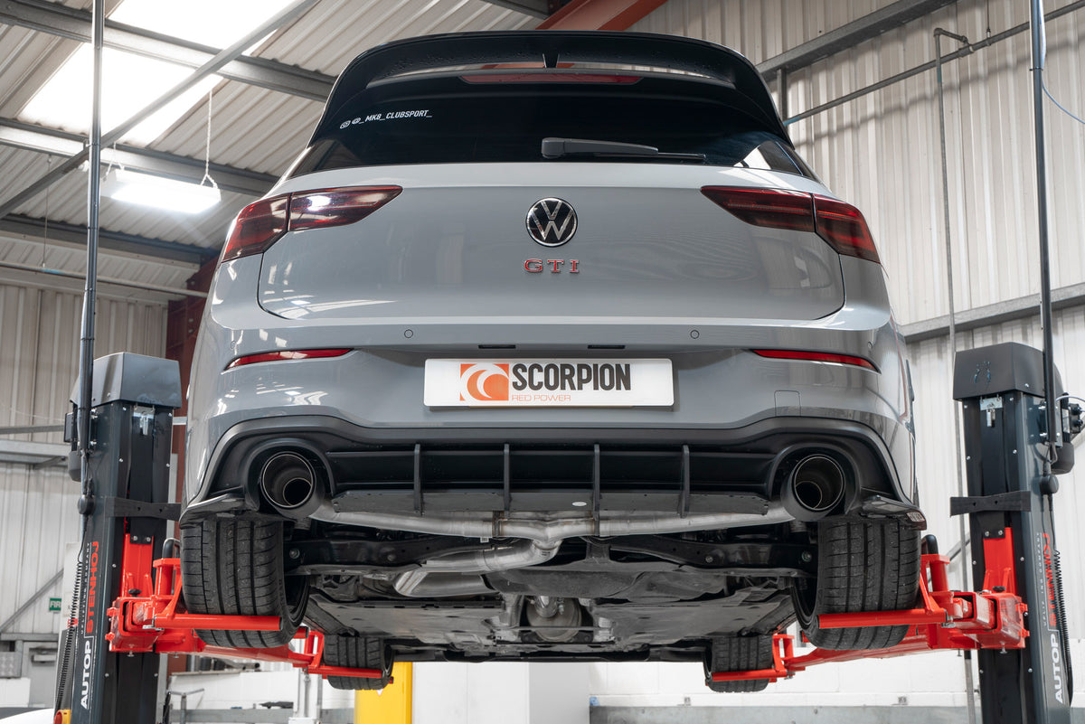 Scorpion Volkswagen Golf MK8 GTI Clubsport GPF-Back Exhaust System with non-resonated predator design and polished metal finish