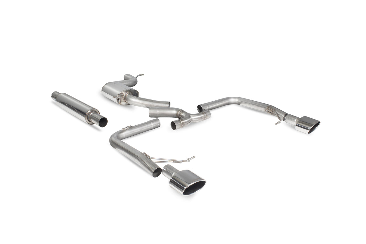Scorpion Exhausts cat-back exhaust system installed on a Seat Leon Cupra 2.0 TSI, showing the resonated stainless steel pipe and muffler