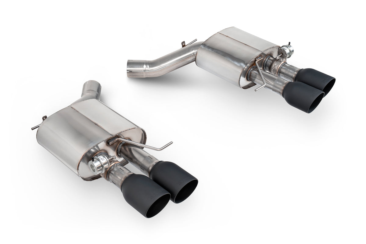 Scorpion BMW M5 F10 rear silencer exhaust system, showcasing the polished metal finish and inlet connections for the vehicle.