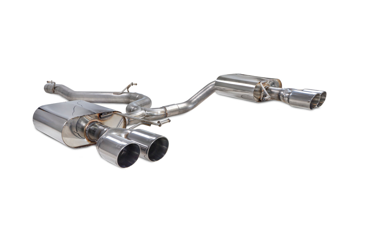 Scorpion Exhausts GPF-Back Exhaust System for Seat Leon Cupra ST 300 4Drive, showing polished metal pipes and exhaust tips.