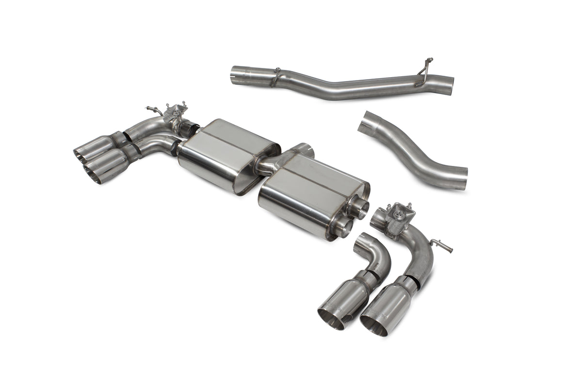 Scorpion Audi S3 8V GPF-Back Exhaust System with valves, featuring a non-resonated cat-back design and sporty metallic finish.