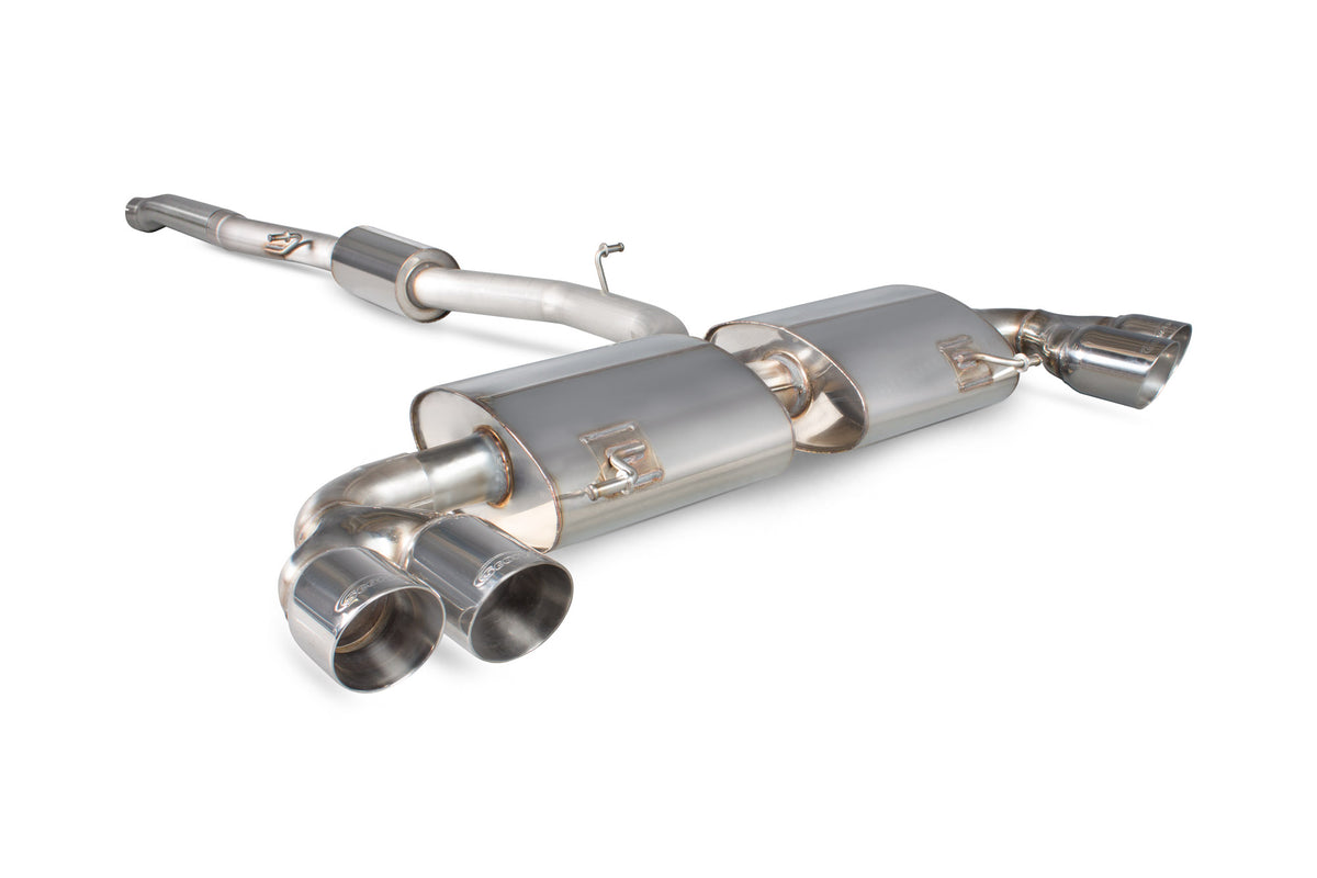 Scorpion Audi S1 2.0 TFSI quattro cat-back exhaust system without valves, showing polished pipes and muffler components.