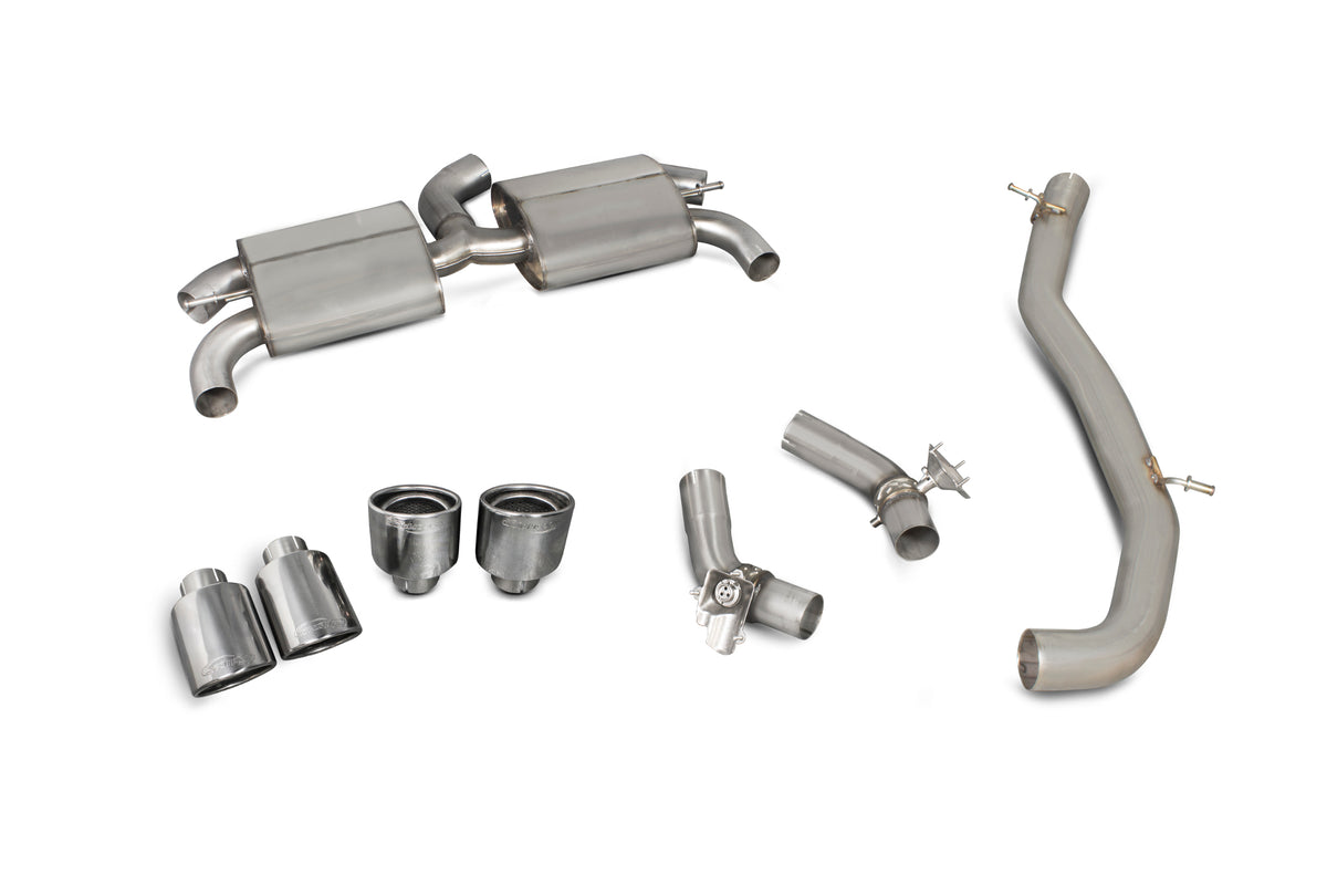 Scorpion Audi TT MK3 TTS coupe cat-back exhaust system with valves, non-resonated, non-GPF model, featuring polished stainless steel tips.