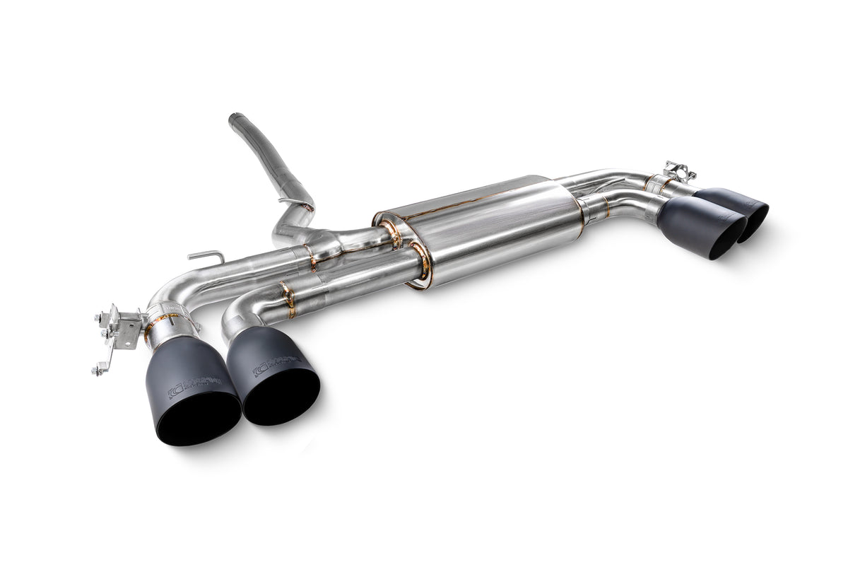 Scorpion BMW F70 M135i GPF-Back Exhaust System showing polished metal pipes and exhaust tips on a black vehicle.