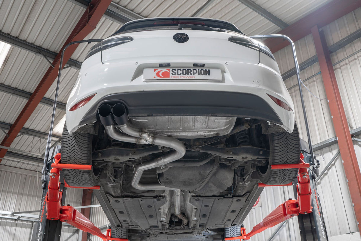Scorpion Volkswagen Golf MK7 GTD cat-back exhaust system with polished stainless steel pipes and dual exhaust tips.