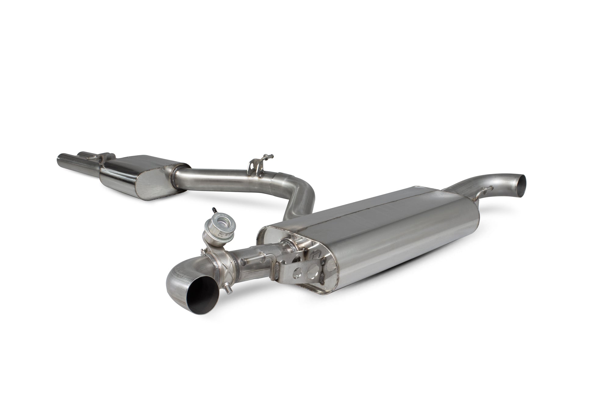 Scorpion Audi TT MK2 TTRS resonated cat-back exhaust system with valve, showcasing polished stainless steel pipes and dual exhaust tips.