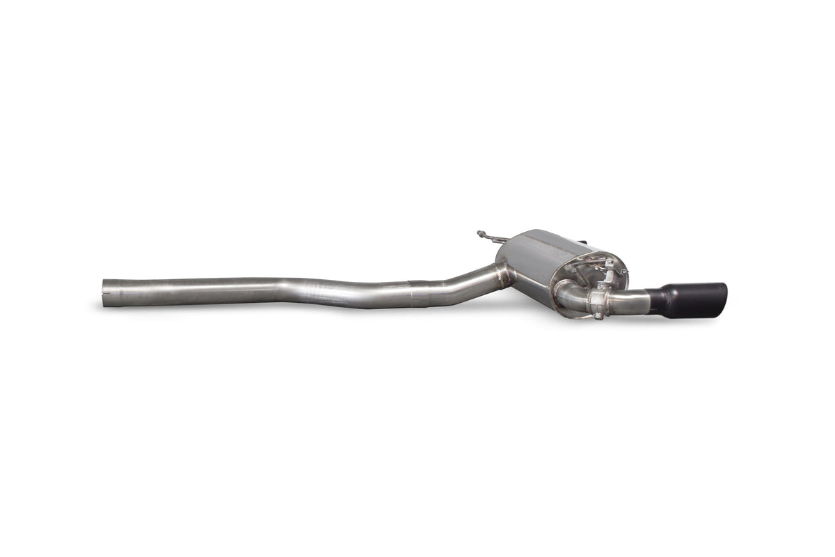 Scorpion BMW M240i GPF Back Exhaust System with electronic valve installed on a car, showcasing polished stainless steel finish.