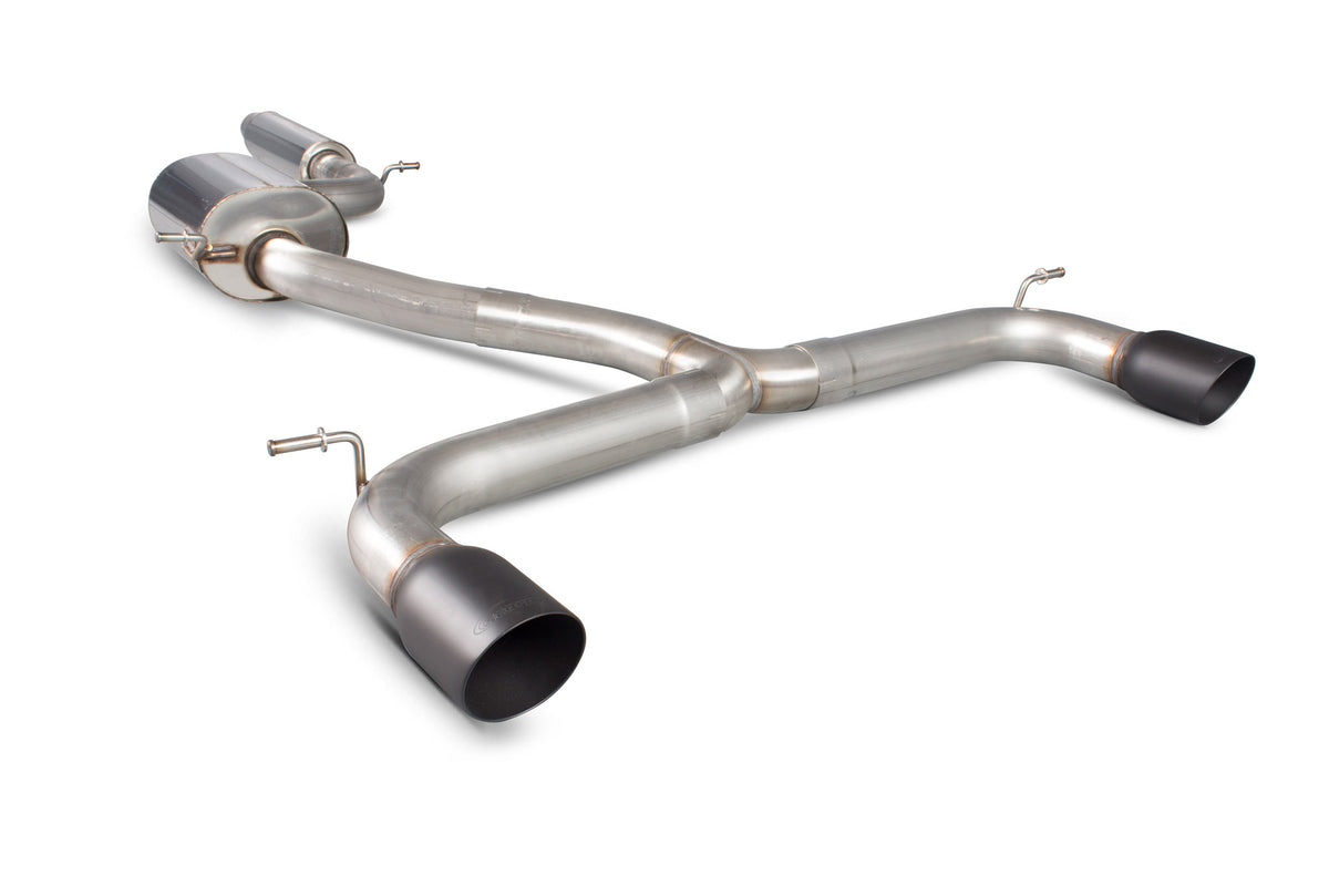 Scorpion Volkswagen Golf MK7 GTI resonated cat-back exhaust system with polished stainless steel tips and dual exhaust pipes.