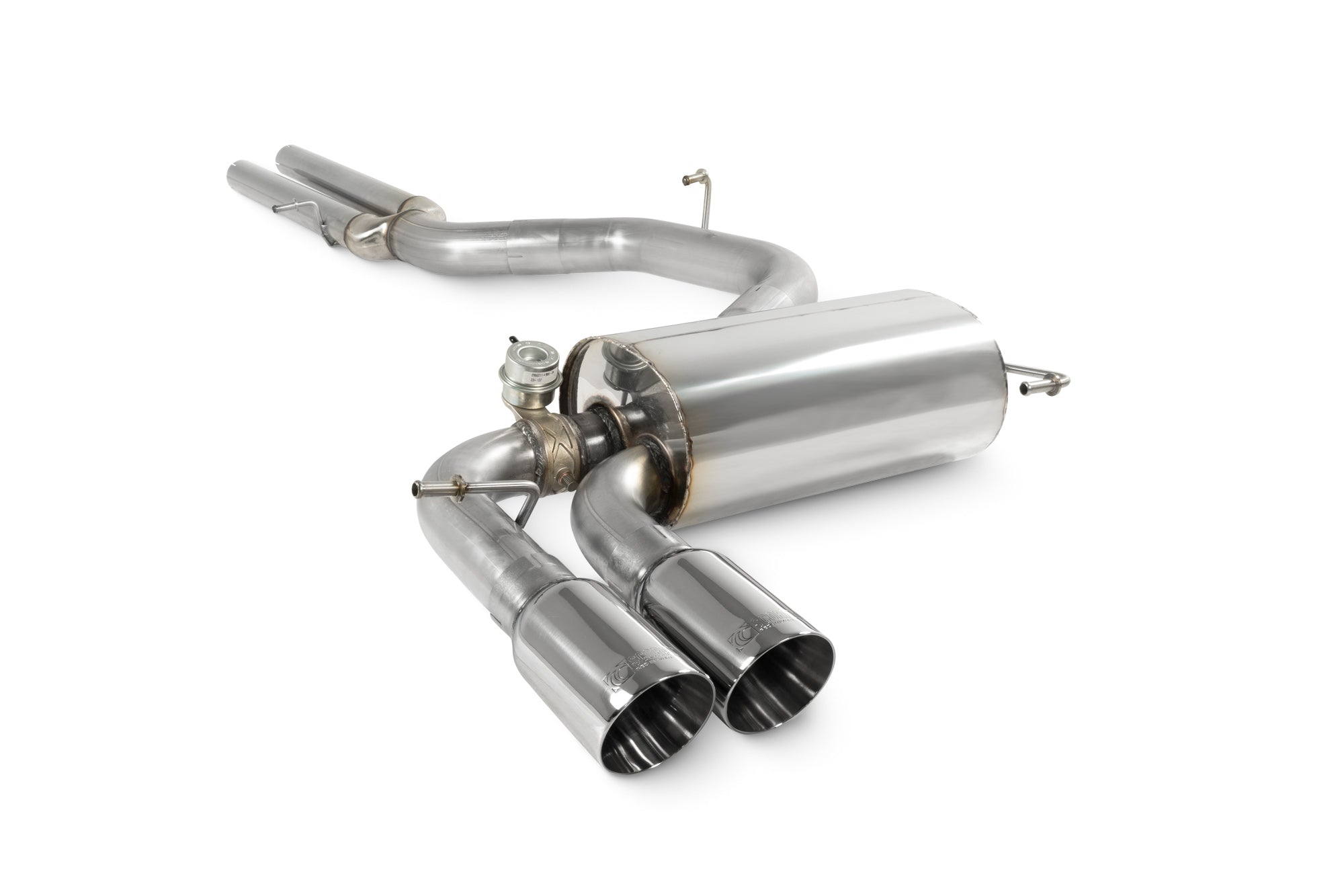 Scorpion Audi RS3 8P non-resonated cat-back exhaust system installed, showcasing polished stainless steel pipes and dual exhaust tips