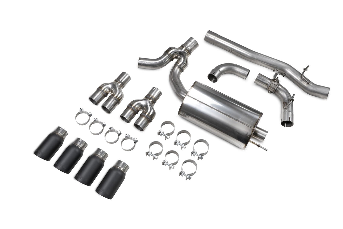 Scorpion BMW M235i Gran Coupe xDrive GPF-Back Exhaust System with electronic valve, showcasing polished metal pipes and exhaust tips.
