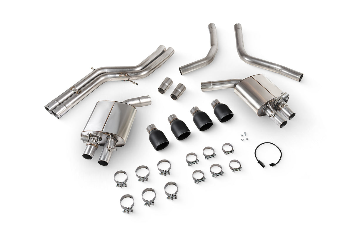 Scorpion Audi S6/S7 C7 non-resonated half exhaust system with electronic valves, showing polished metal pipes and valve controls.