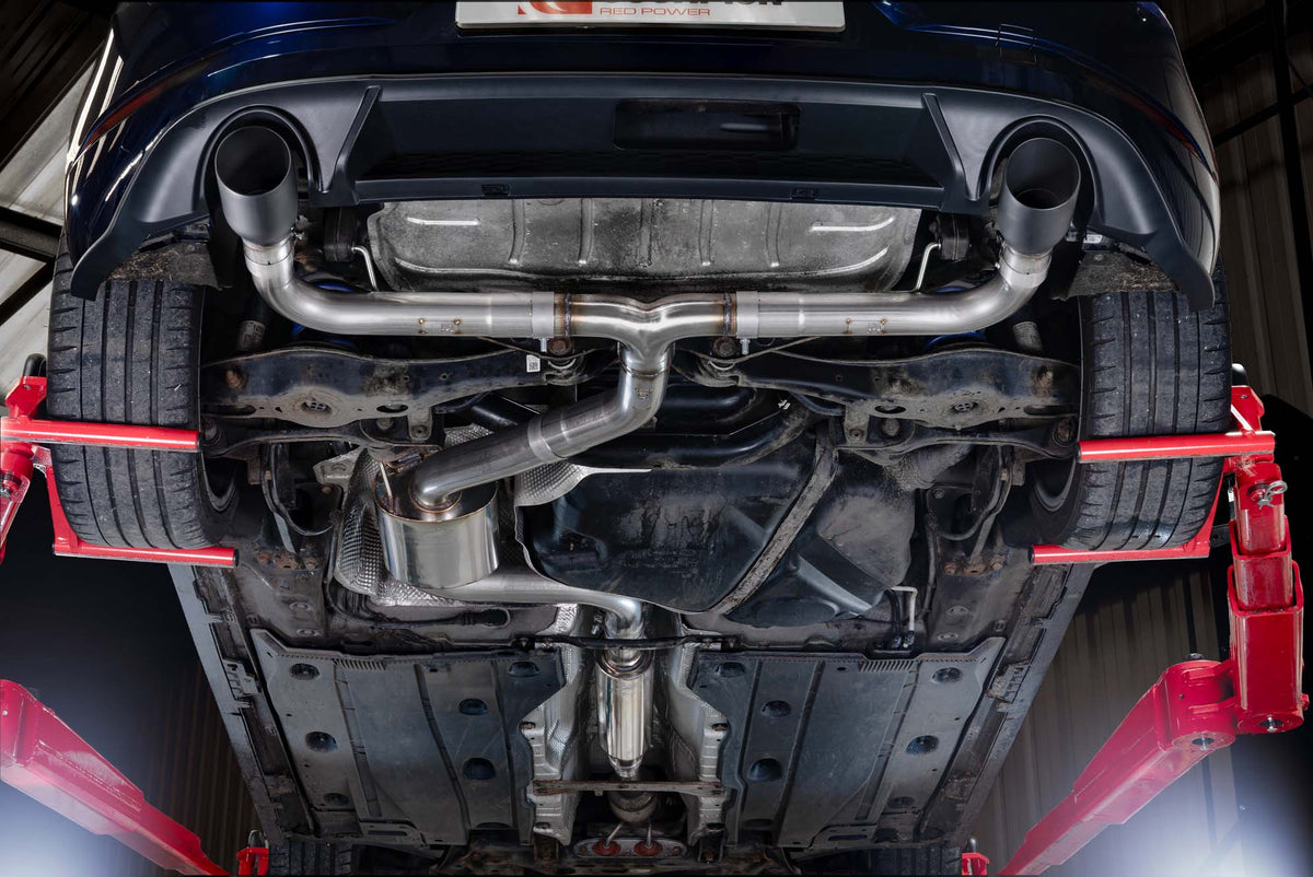 Scorpion Volkswagen Golf Mk7.5 1.5 TSI resonated cat-back exhaust system installed on the car, showing polished stainless steel pipes and muffler