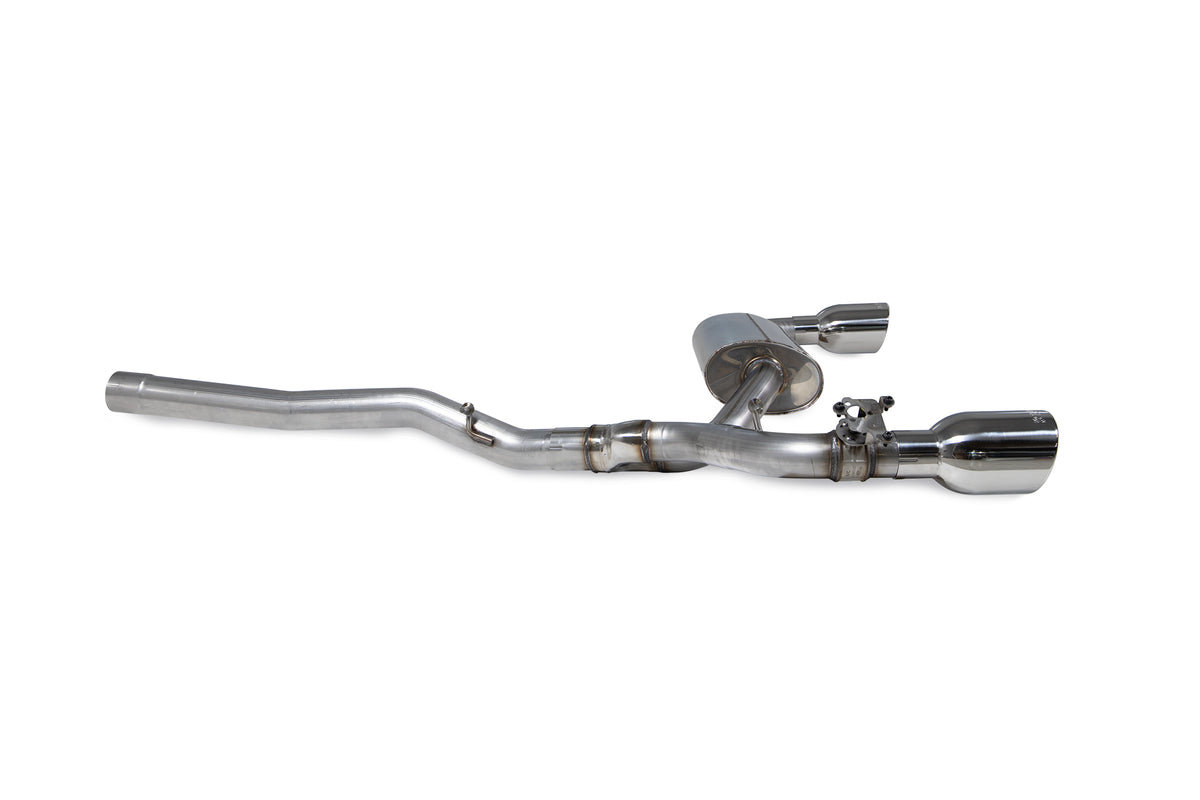 Scorpion BMW M135i xDrive GPF-back exhaust system with electronic valve, showcasing polished metal pipes and dual exhaust tips.