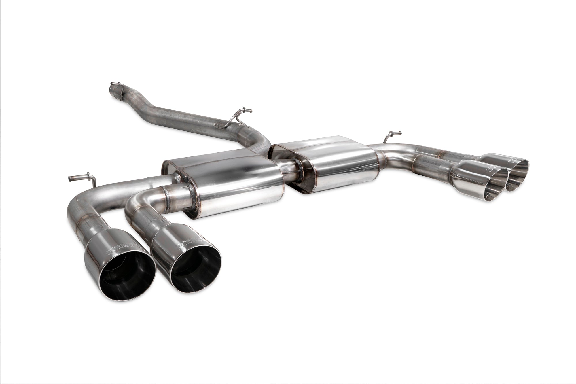 Scorpion Audi S3 8V saloon GPF-back exhaust system without valves, showcasing polished stainless steel pipes and muffler.
