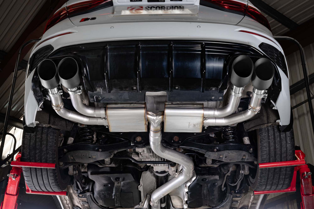 Scorpion Audi S3 8Y saloon GPF-back exhaust system with electronic valves, featuring polished stainless steel pipes and dual exhaust tips.