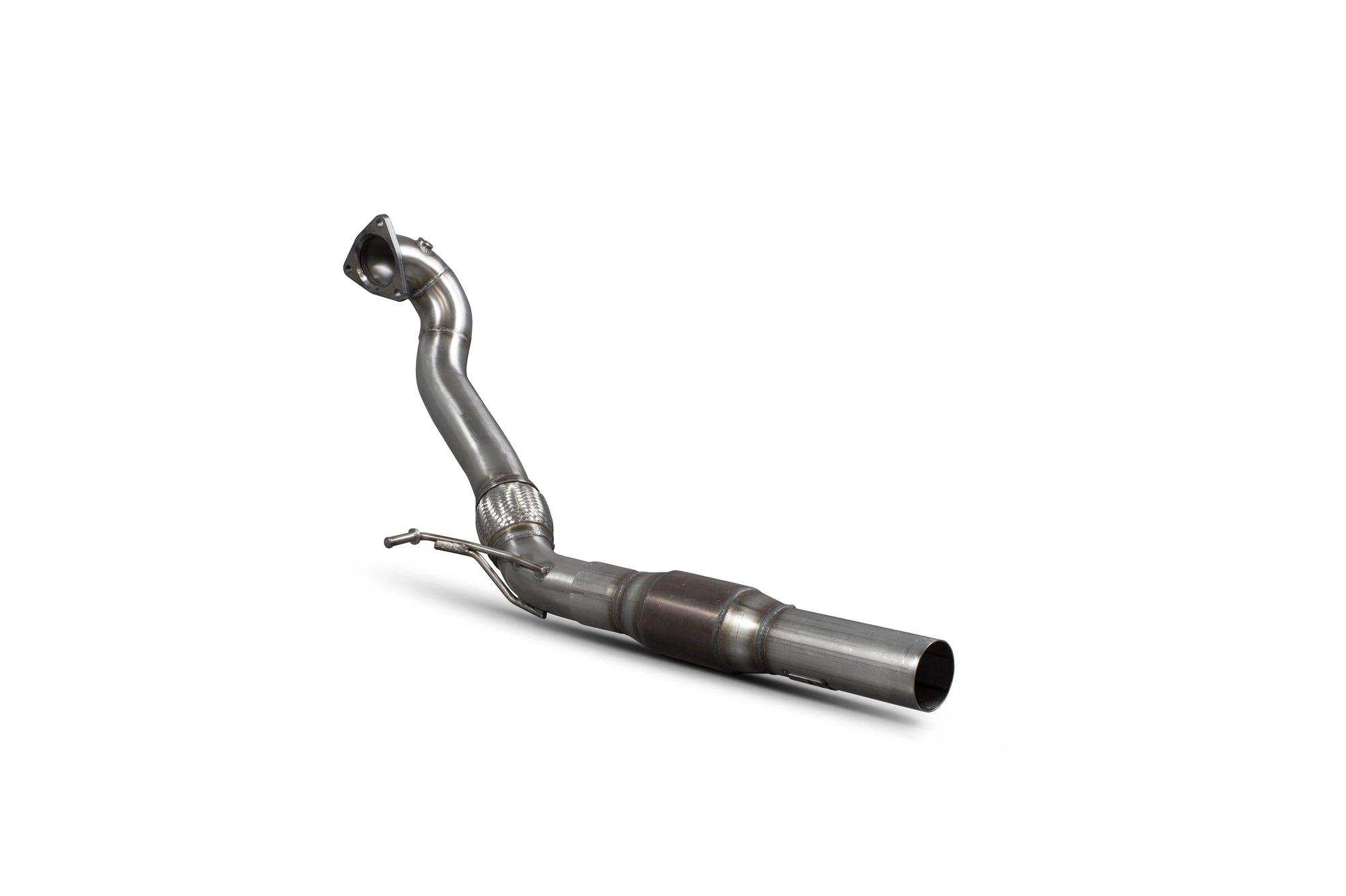 Scorpion Audi TT Mk1 quattro sports cat downpipe with high flow catalyst, showcasing polished metal finish and welded joints.