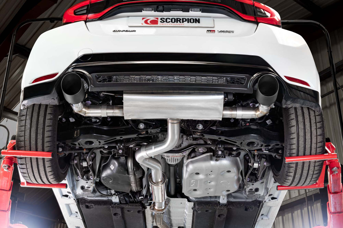 Scorpion Toyota Yaris GR Gen 2 resonated GPF-back exhaust system showing polished metal exhaust pipes and muffler for performance.